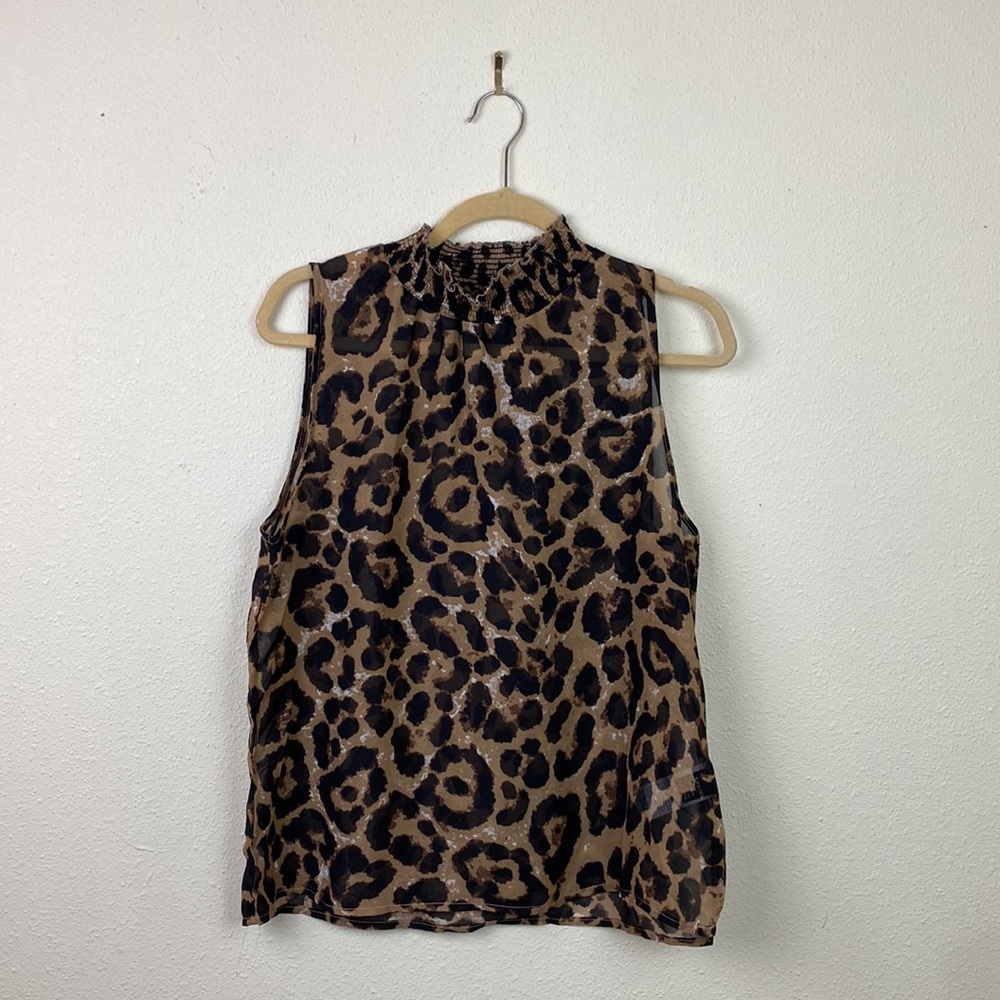 SHEIN | Sheer High Neck Animal Print Sleeveless Blouse L